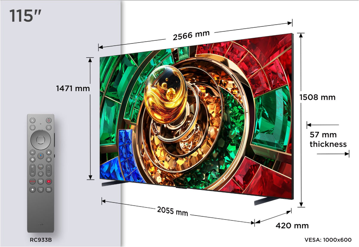 TCL 115RM9L. RGB MiniLED. Der beste Groß-TV der Welt. 291 cm Diagonale. 9000 Nits. 16848 Zonen. Superdünn! Top-Angebot!