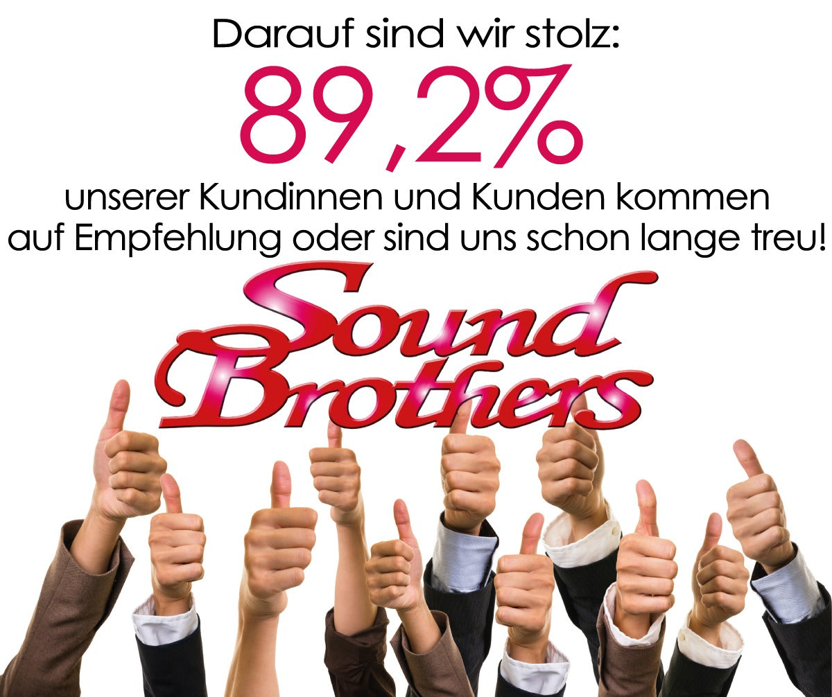 Darauf sind wir stolz: 89,2 % unserer Kundinnen und Kunden kommen auf Empfehlung oder sind uns schon lange treu — Sound Brothers