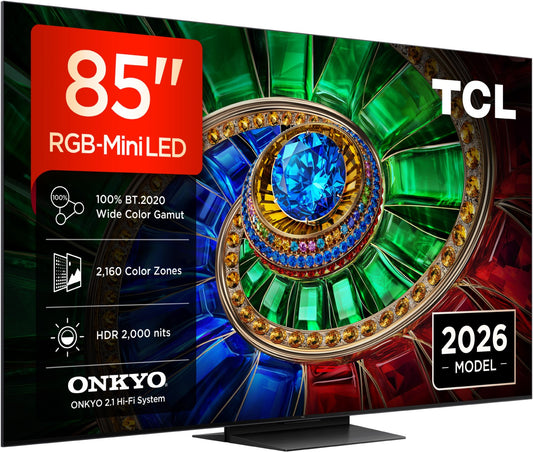 TCL 85RM7L RGB MiniLED. Referenzklasse. 215 cm Diagonale. 2000 Nits. 2160 Zonen. Superdünn!