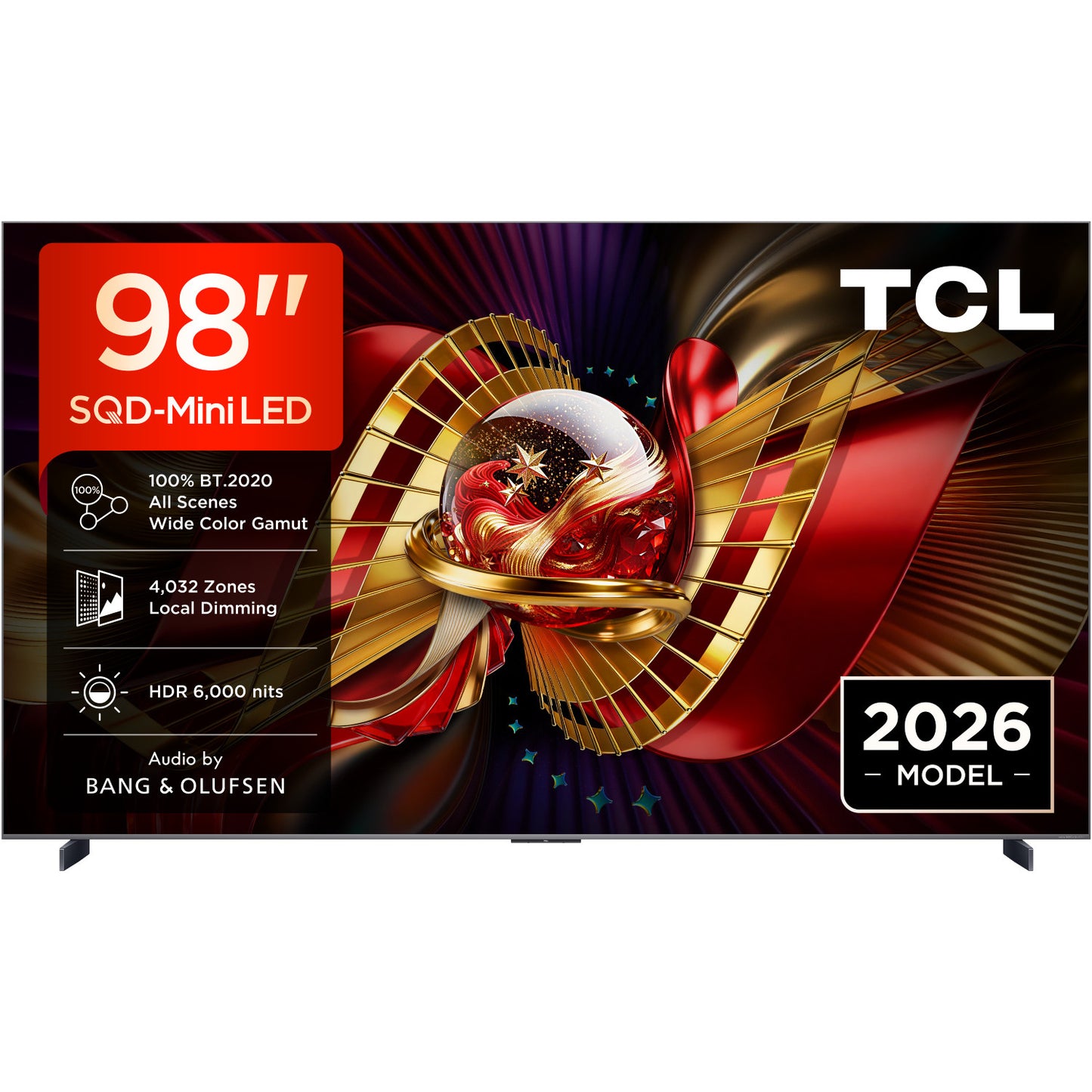TCL 98C89L. SQD MiniLED. Referenzklasse. 248 cm Diagonale. 6000 Nits. 4432 Zonen. B&O Sound
