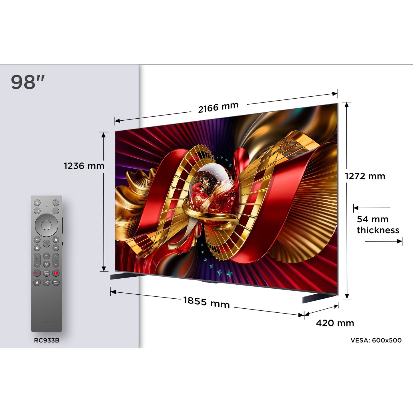 TCL 98C89L. SQD MiniLED. Referenzklasse. 248 cm Diagonale. 6000 Nits. 4432 Zonen. B&O Sound