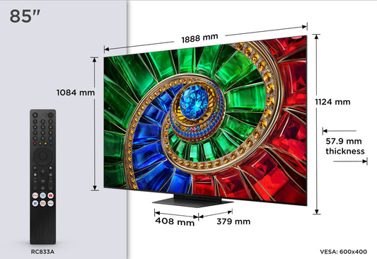 TCL 85RM7L RGB MiniLED. Referenzklasse. 215 cm Diagonale. 2000 Nits. 2160 Zonen. Superdünn!