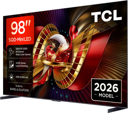 TCL 98C89L. SQD MiniLED. Referenzklasse. 248 cm Diagonale. 6000 Nits. 4432 Zonen. B&O Sound
