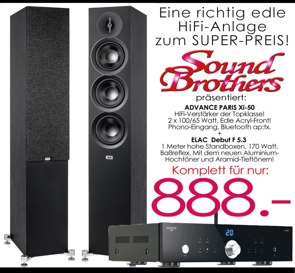 ADVANCE, ELAC Einsteiger-Paket. 2 x 100 W Verstärker X-i 5+ELAC Standboxen F 5.3. HOT-SUMMER-DEALZ