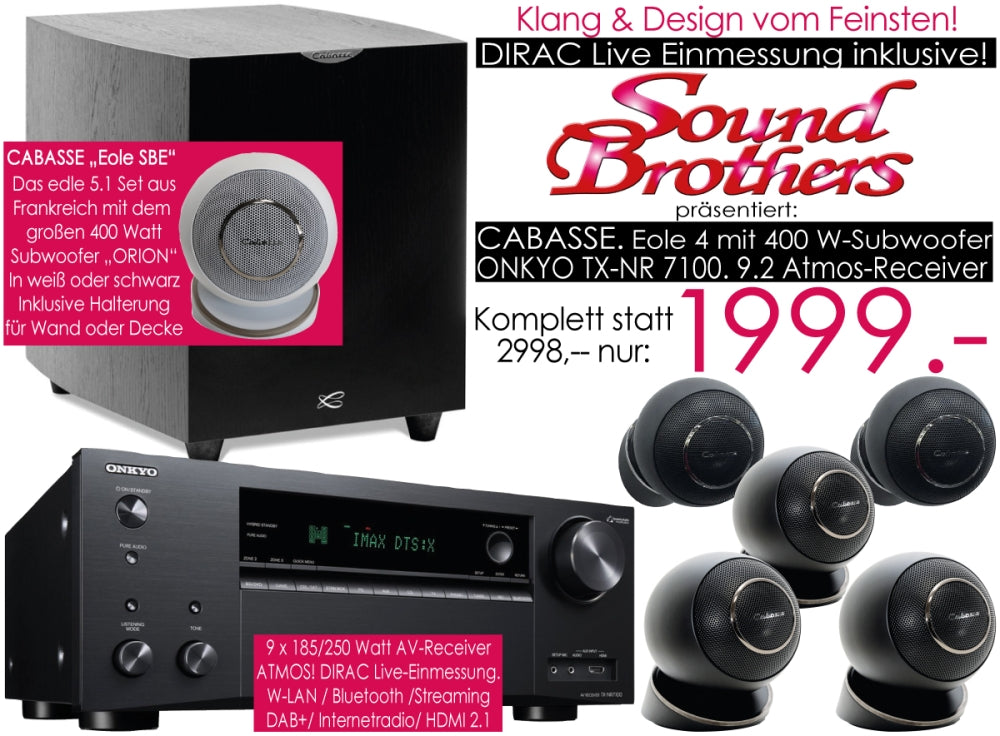 CABASSE Eole + Orion-Sub /ONKYO TX-NR7100- 5.1-Set der Spitzenklasse mit 9.2 ATMOS Receiver! DIRAC!