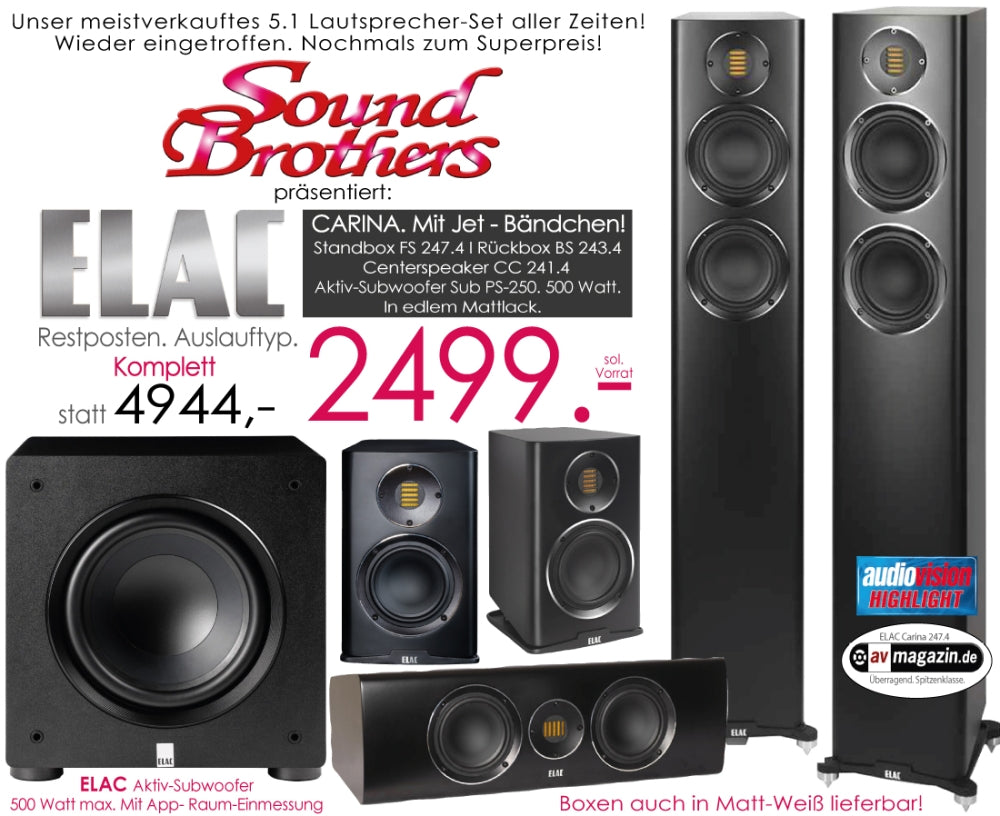 ELAC Carina 5.1 Set. Designer-Lautsprecher. Bändchen-Hochtöner! PS-250 Subwoofer! Sol. Vorrat #1