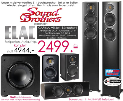 ELAC Carina 5.1 Set. Designer-Lautsprecher. Bändchen-Hochtöner! PS-250 Subwoofer! Sol. Vorrat #1