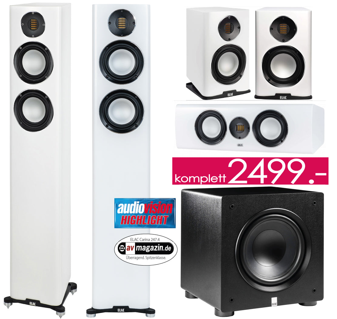 ELAC Carina 5.1 Set. Designer-Lautsprecher. Bändchen-Hochtöner! PS-250 Subwoofer! Sol. Vorrat