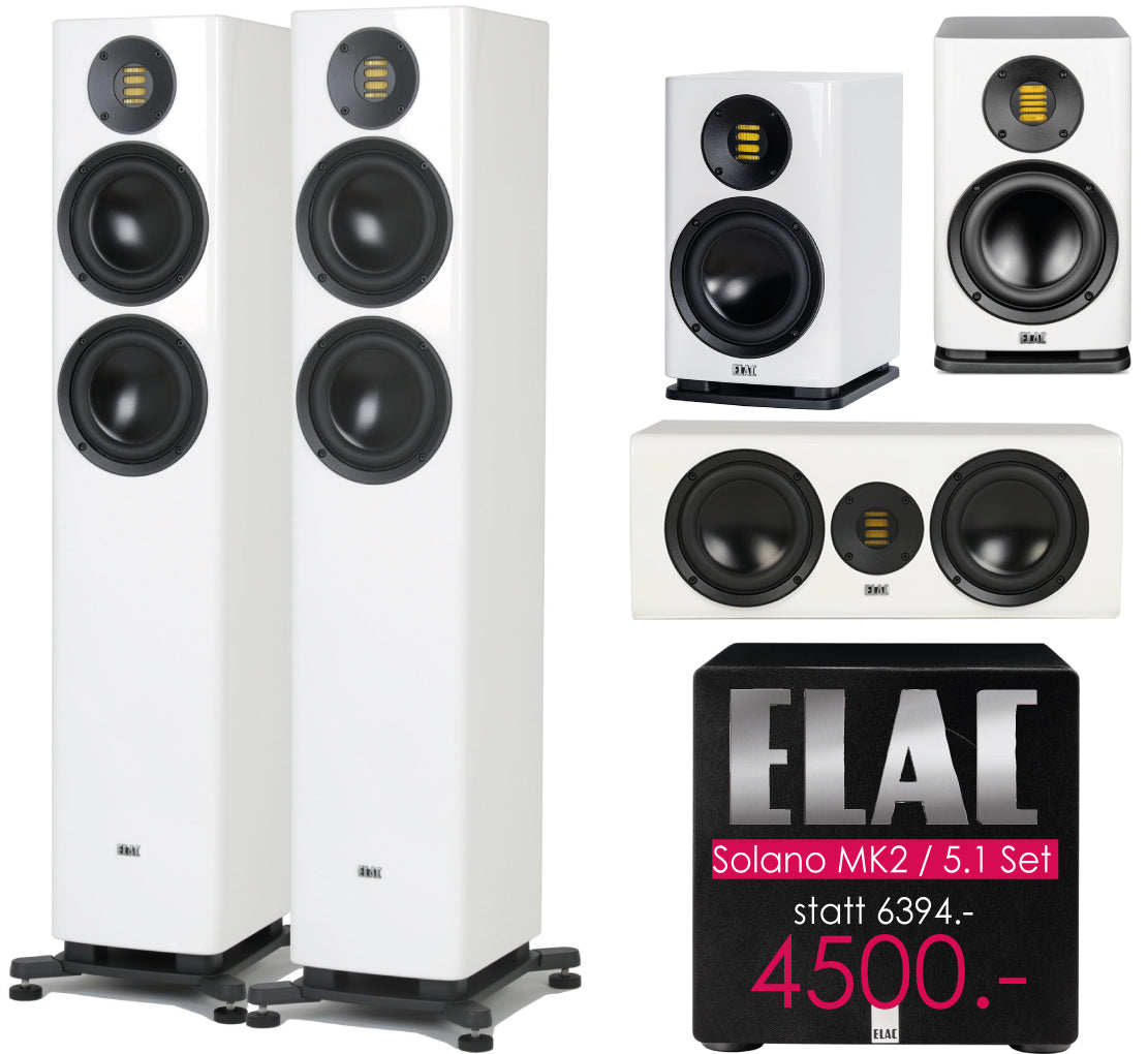 ELAC Solano Mk2 5.1-Set der Spitzenklasse mit JET-6 Hochtöner. Klavierlack schwarz oder weiß