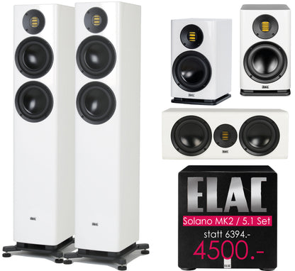 ELAC Solano Mk2 5.1-Set der Spitzenklasse mit JET-6 Hochtöner. Klavierlack schwarz oder weiß