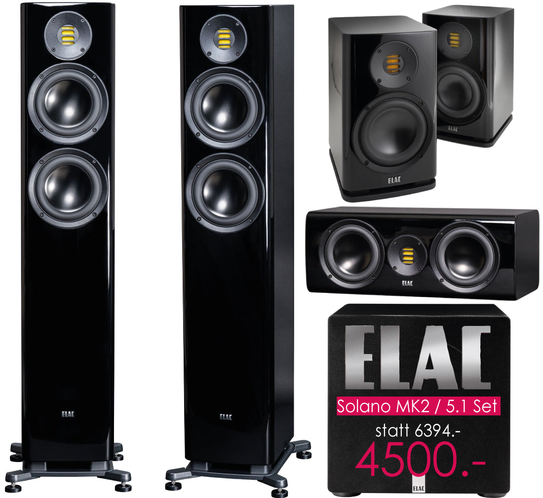 ELAC Solano Mk2 5.1-Set der Spitzenklasse mit JET-6 Hochtöner. Klavierlack schwarz oder weiß