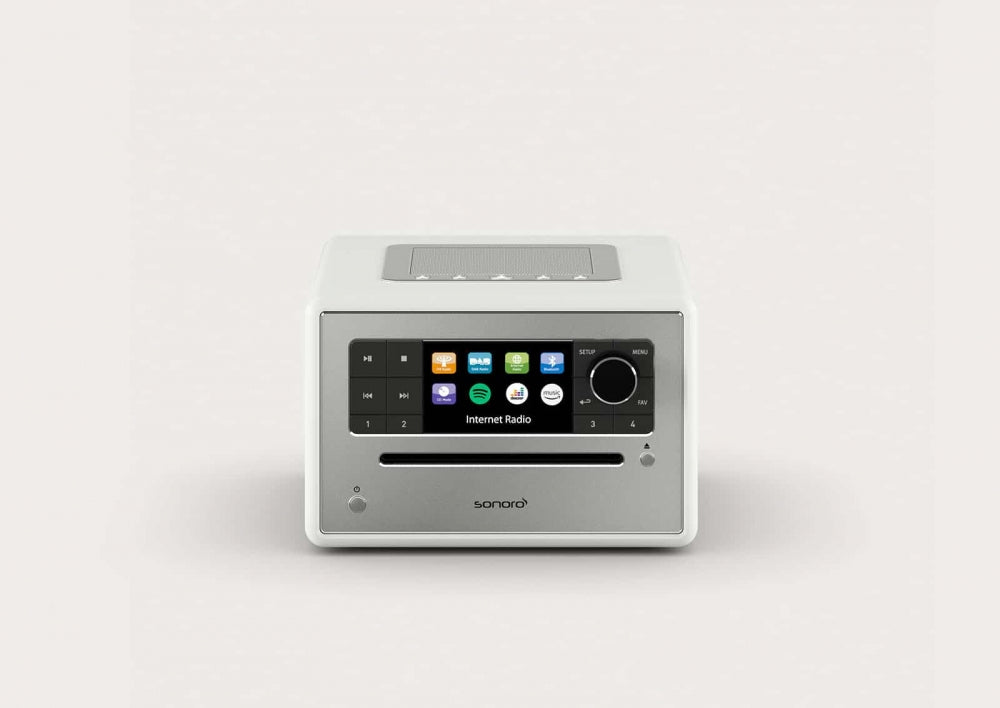 Sonoro Elite. Das wohlklingende All-In-One Gerät in vielen Designs. Mehr als ein "Radiowecker"! — Weiß hochglanz - silber