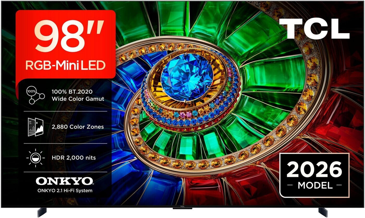 TCL 98RM7L. RGB MiniLED. Referenzklasse. 248 cm Diagonale. 2000 Nits. 2880 Zonen. Superdünn!