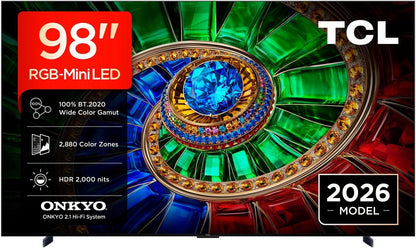 TCL 98RM7L. RGB MiniLED. Referenzklasse. 248 cm Diagonale. 2000 Nits. 2880 Zonen. Superdünn!