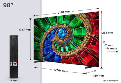 TCL 98RM7L. RGB MiniLED. Referenzklasse. 248 cm Diagonale. 2000 Nits. 2880 Zonen. Superdünn!
