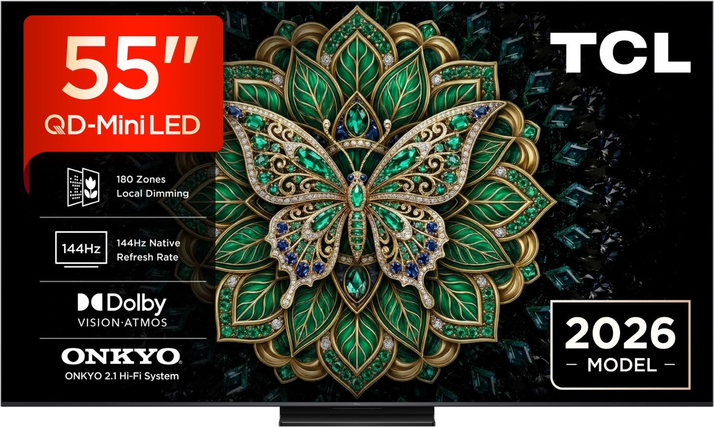 TCL 55C69K Pro. QD-MiniLED. Spitzenklasse. 139 cm Diagonale. 144 Hz. Edler Mittelfuß.