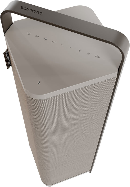 SONORO Vibes XL. Das klanggewaltige 360° Sound-Objekt für draußen. Spritzwassergeschützt. Akku!